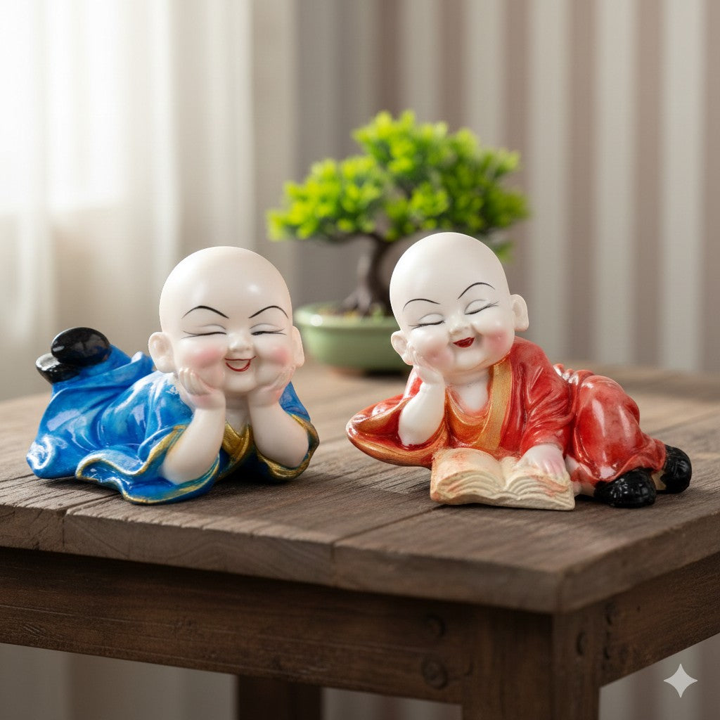 Baby Monk Laughing Buddha Showpiece | Cute Buddha for Home Decor & Office Decor | Decorative Figurine for Living Room, Table & Gifting - (pack Of 2) - Apkamart