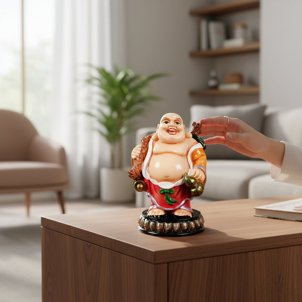 Laughing Buddha Statue | Buddha Showpiece with Money Bag for Wealth | For Good Luck, Home, Table & Office Decor & Gift - Symbol of wealth, good luck & prosperity - 5 Inch - Apkamart