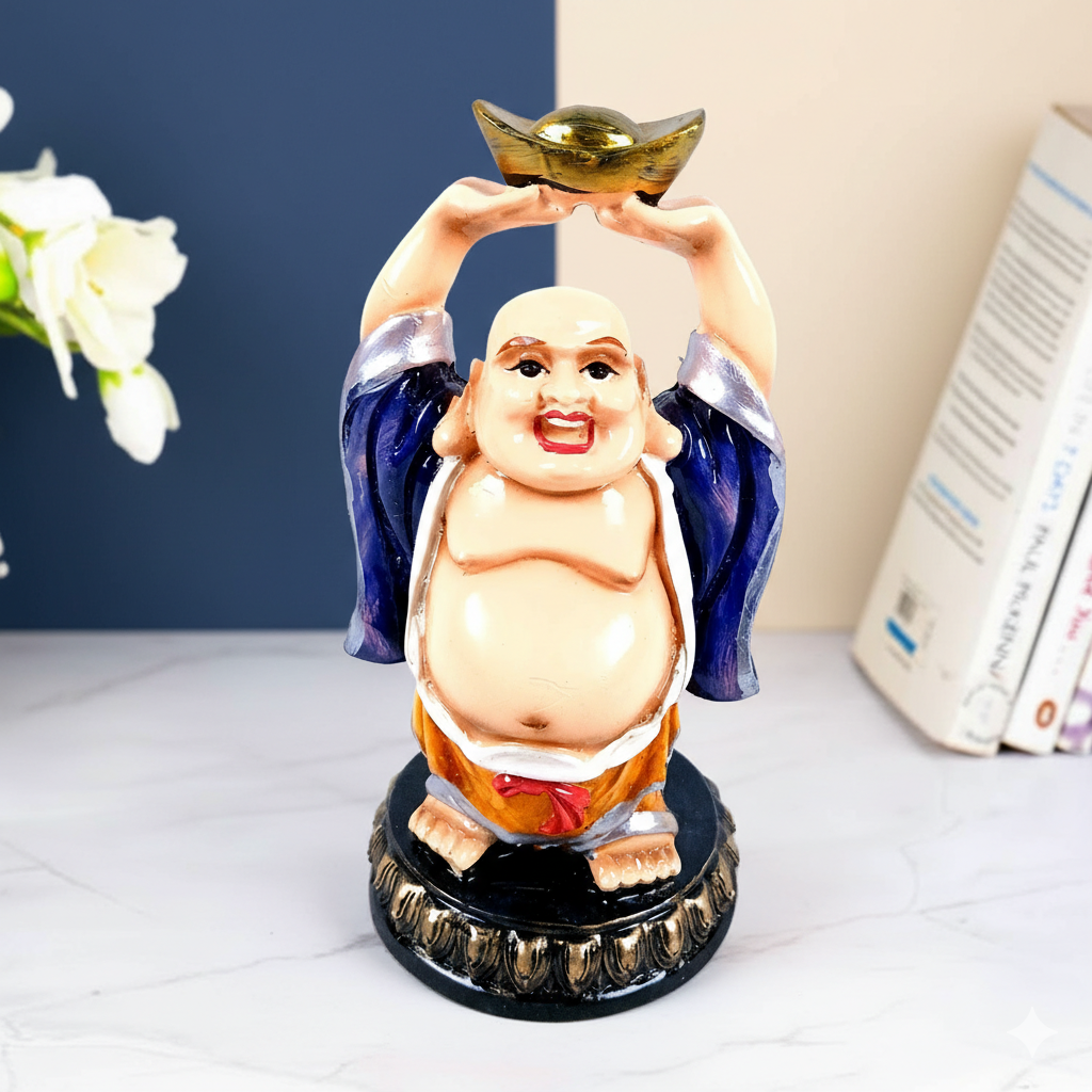 Laughing Buddha Statue with Bowl | Buddha Showpiece with Money Bag for Wealth | For Home, Table & Office Decor & Gift - Symbol of wealth, good luck & prosperity - 6 Inch - Apkamart