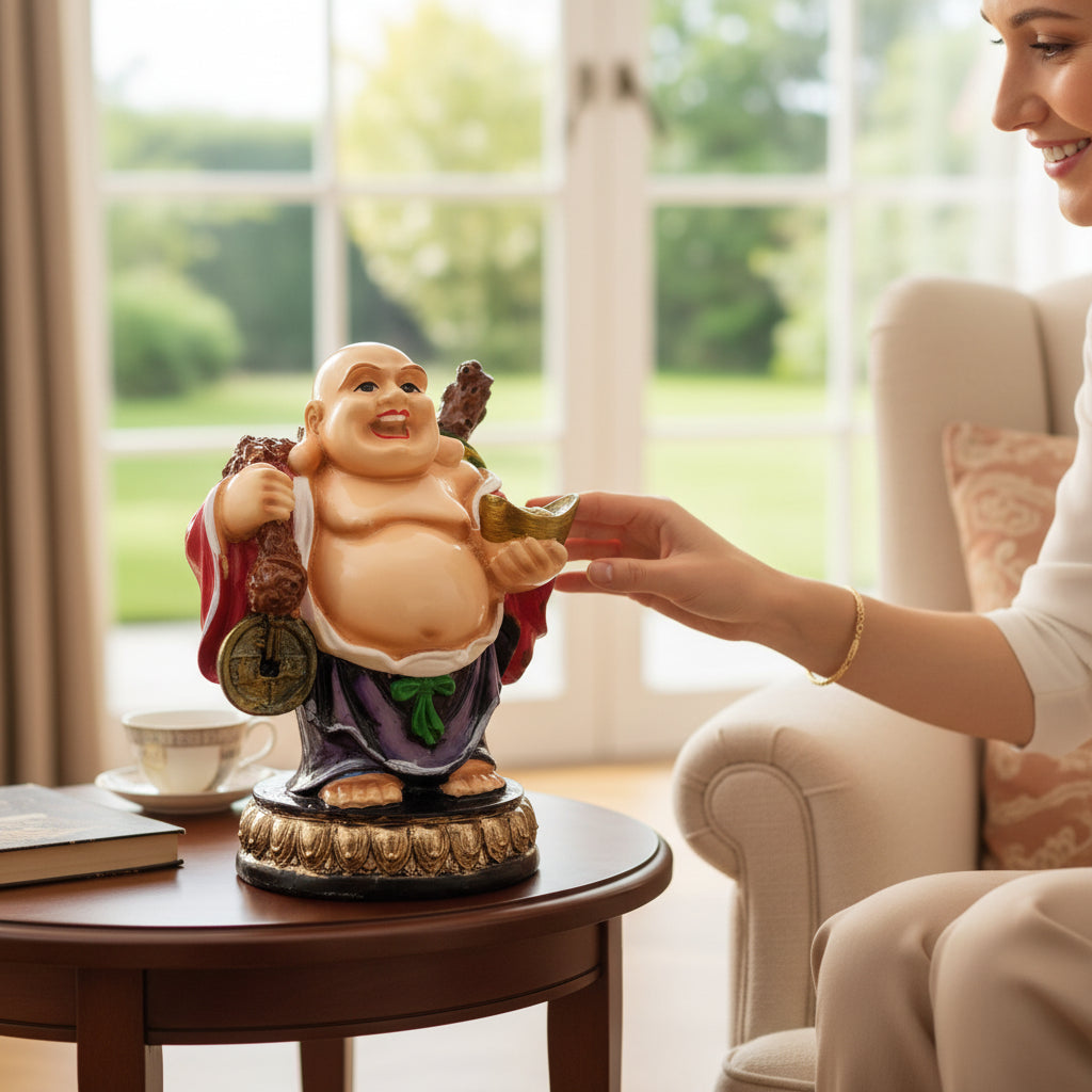 Laughing Buddha Statue with Bowl of happiness | Buddha Showpiece with Money Bag for Wealth | For Good Luck, Home, Table & Office Decor & Gift - Symbol of wealth, good luck & prosperity - 5 Inch - Apkamart