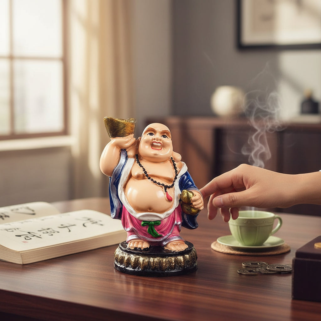 Laughing Buddha Statue with Bowl in Hand | Buddha Showpiece with Money Bag for Wealth | For Good Luck, Home, Table & Office Decor & Gift - Symbol of wealth, good luck & prosperity - 5 Inch - Apkamart