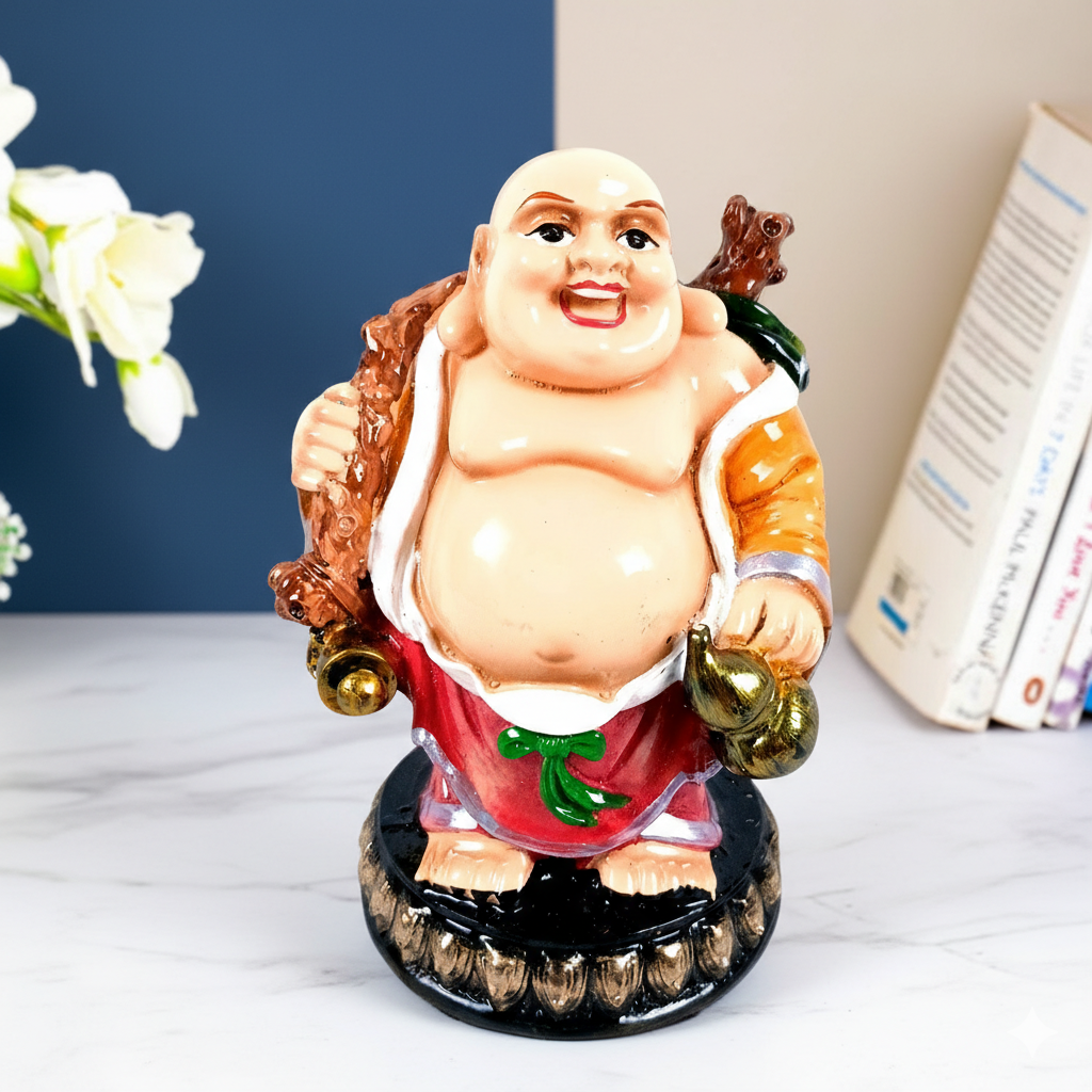 Laughing Buddha Statue | Buddha Showpiece with Money Bag for Wealth | For Good Luck, Home, Table & Office Decor & Gift - Symbol of wealth, good luck & prosperity - 5 Inch - Apkamart