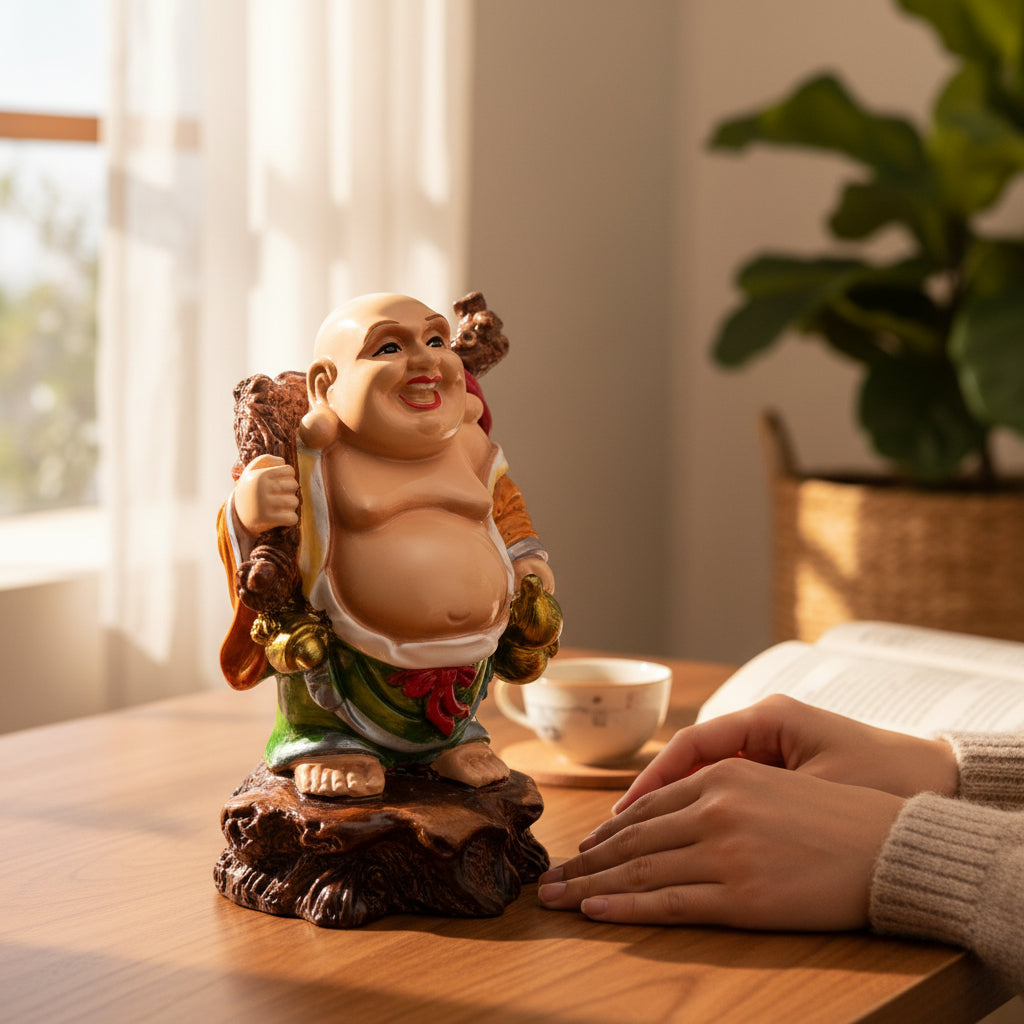 Laughing Buddha Statue With Gold Ingot | Monk Showpiece with Money Bag for financial prosperity & success in business,Health and Prosperity - For Home, Table & Office Decor & Gift - 4 Inch - Apkamart