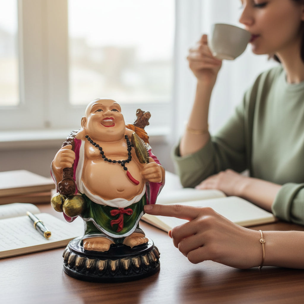 Laughing Buddha Statue with Fan | Buddha Showpiece with Money Bag for Wealth | For Home, Table & Office Decor & Gift - Protect From negative energy & problems - 6 Inch - Apkamart