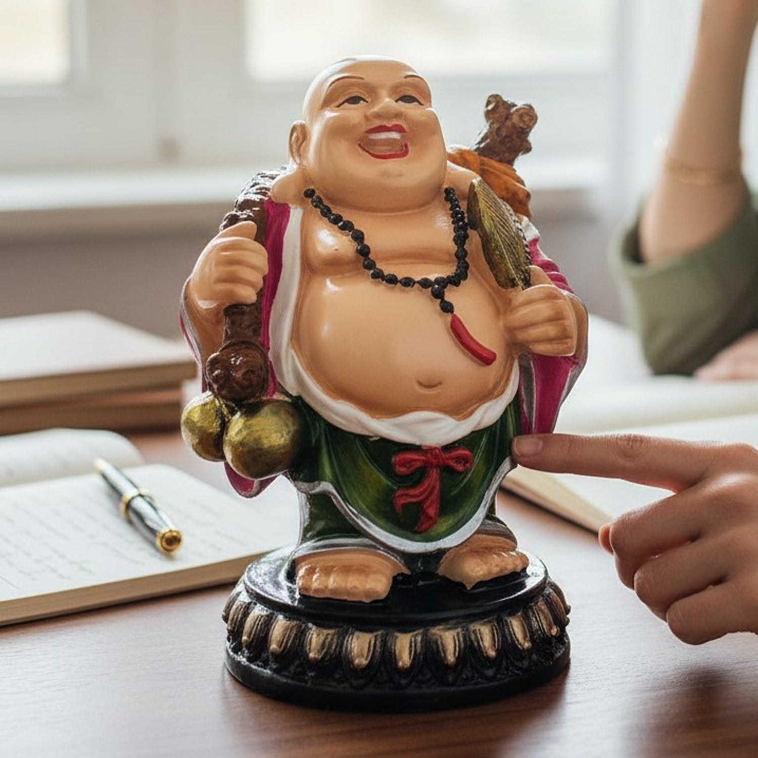 Laughing Buddha Statue with Fan | Buddha Showpiece with Money Bag for Wealth | For Home, Table & Office Decor & Gift - Protect From negative energy & problems - 6 Inch - Apkamart