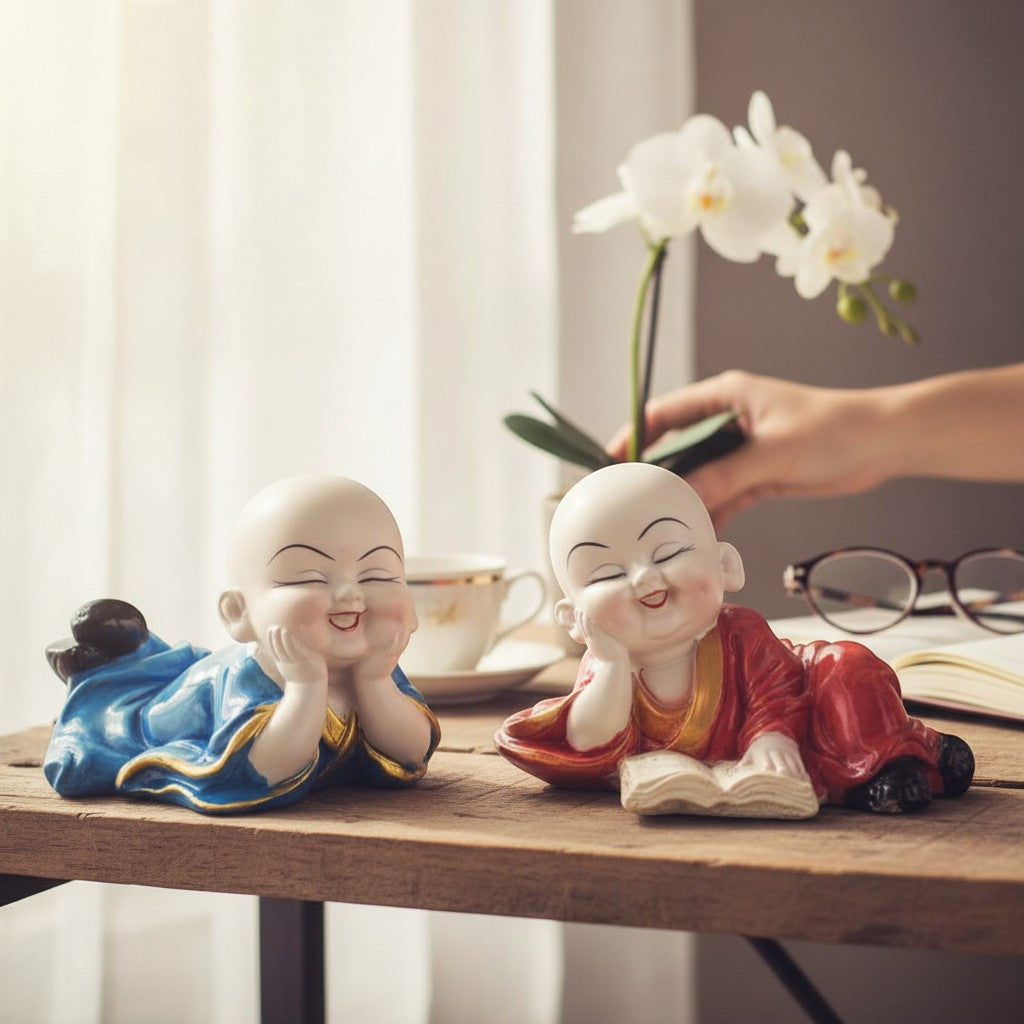 Baby Monk Laughing Buddha Showpiece | Cute Buddha for Home Decor & Office Decor | Decorative Figurine for Living Room, Table & Gifting - (pack Of 2) - Apkamart