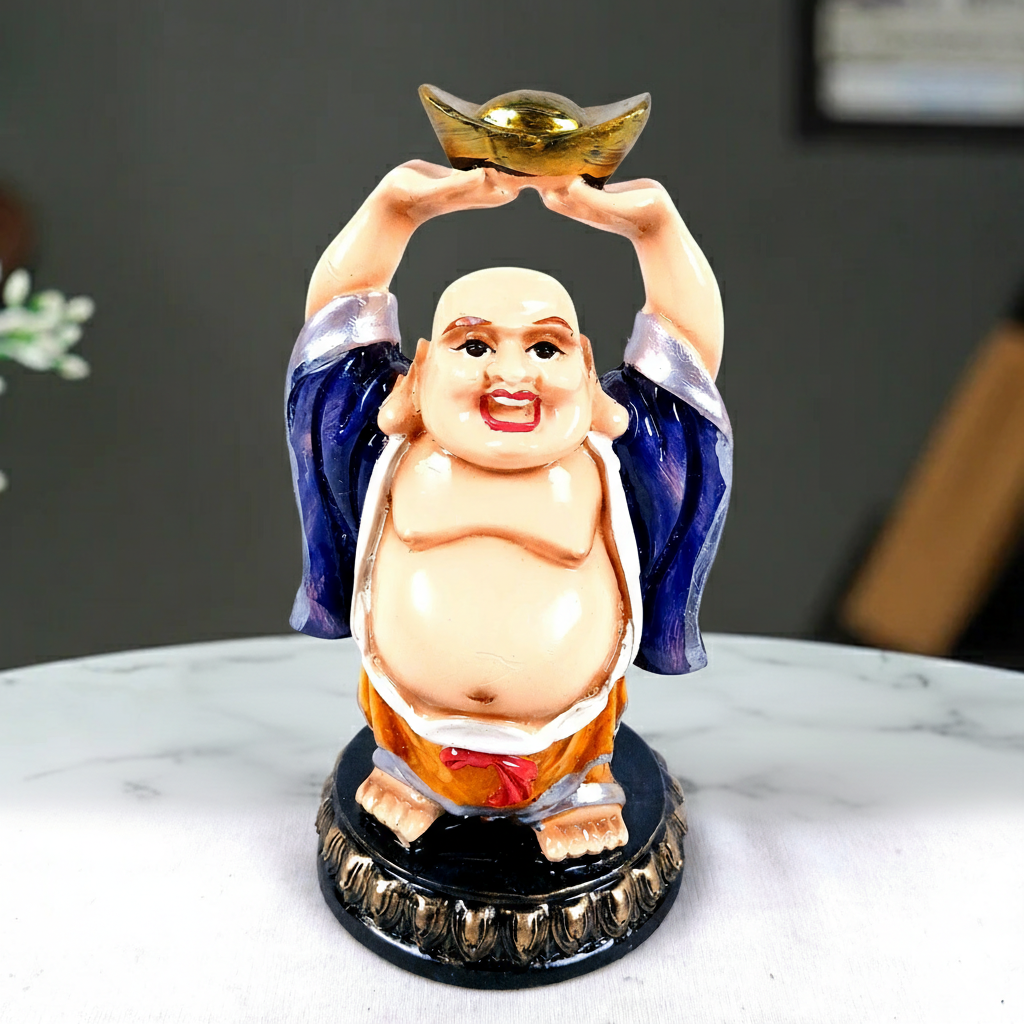 Laughing Buddha Statue with Bowl | Buddha Showpiece with Money Bag for Wealth | For Home, Table & Office Decor & Gift - Symbol of wealth, good luck & prosperity - 6 Inch - Apkamart