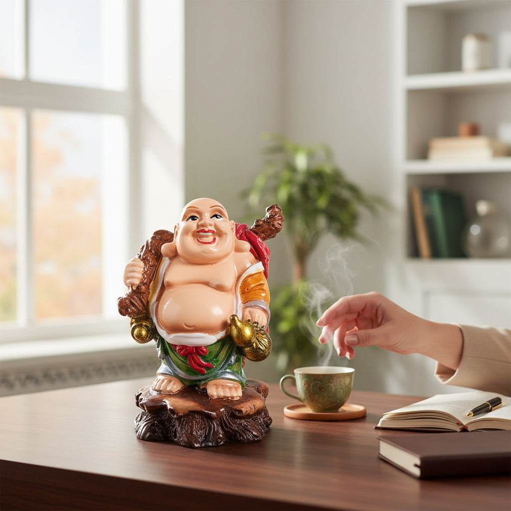 Laughing Buddha Statue With Gold Ingot | Monk Showpiece with Money Bag for financial prosperity & success in business,Health and Prosperity - For Home, Table & Office Decor & Gift - 4 Inch - Apkamart