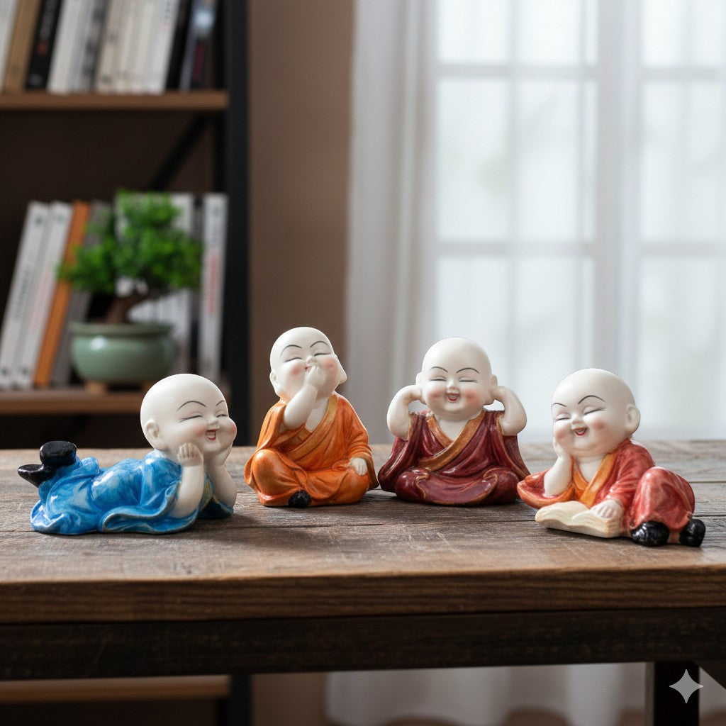 Baby Monk Laughing Buddha Showpiece | Cute Buddha for Home Decor & Office Decor | Decorative Figurine for Living Room, Table & Gifting - (pack Of 4) - Apkamart