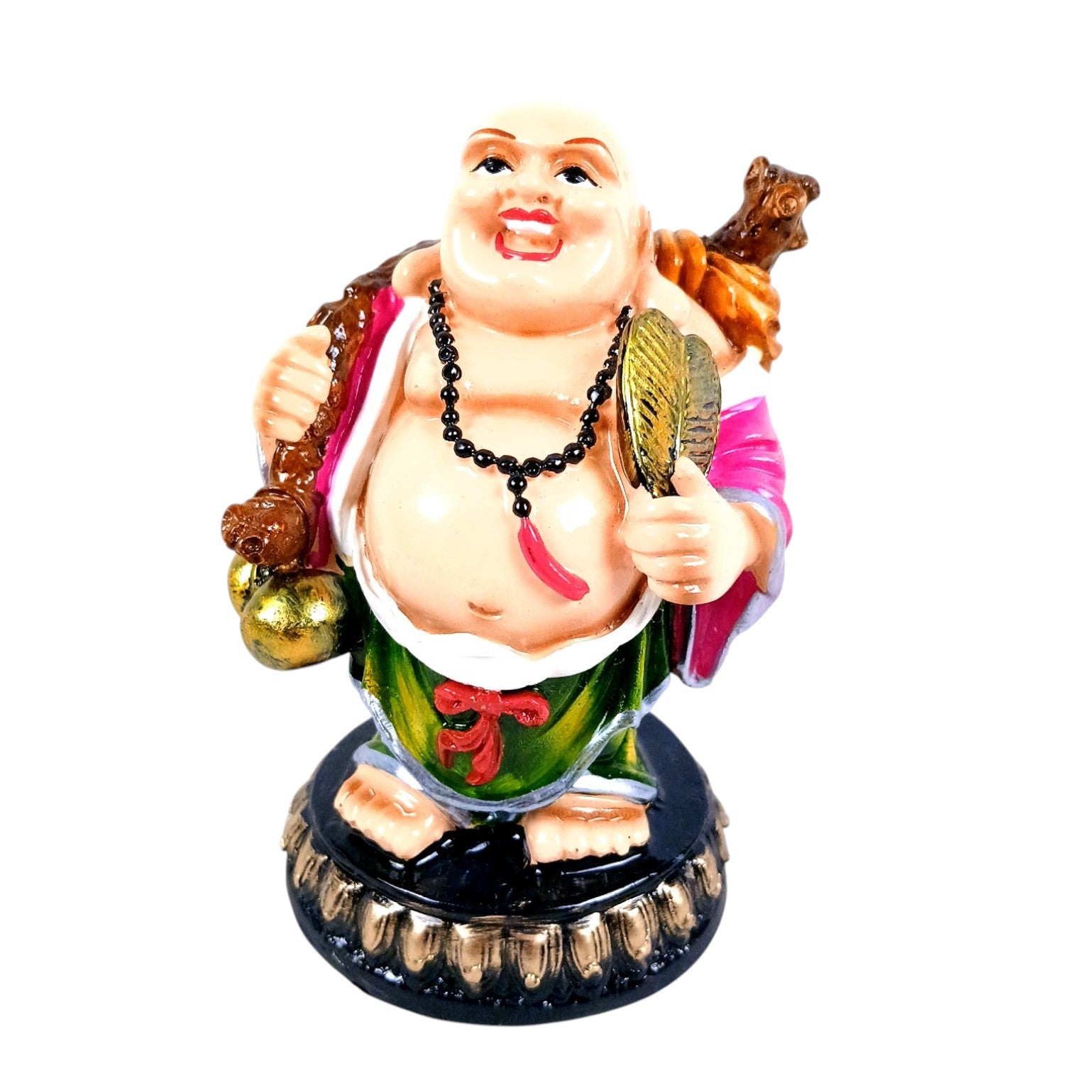 Laughing Buddha Statue with Fan | Buddha Showpiece with Money Bag for Wealth | For Home, Table & Office Decor & Gift - Protect From negative energy & problems - 6 Inch - Apkamart