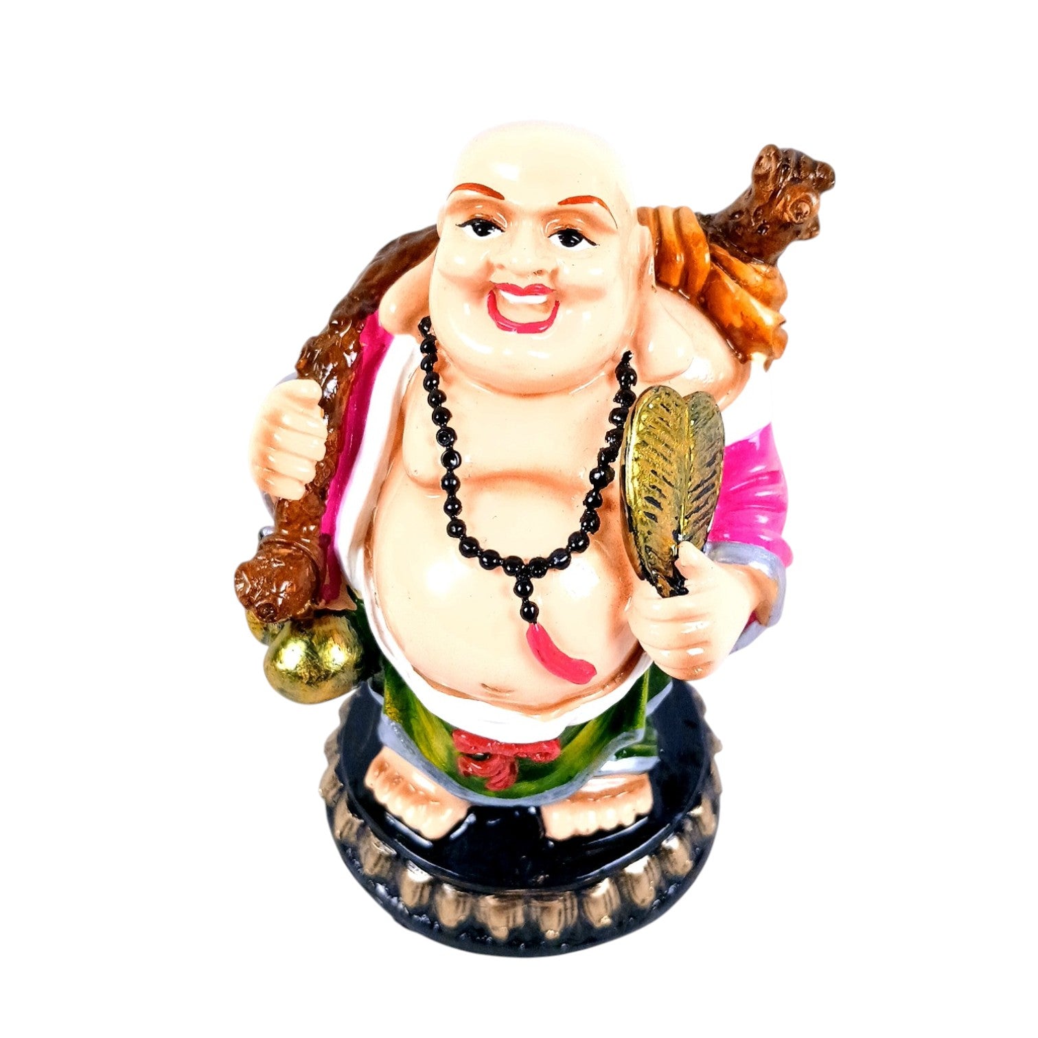 Laughing Buddha Statue with Fan | Buddha Showpiece with Money Bag for Wealth | For Home, Table & Office Decor & Gift - Protect From negative energy & problems - 6 Inch - Apkamart