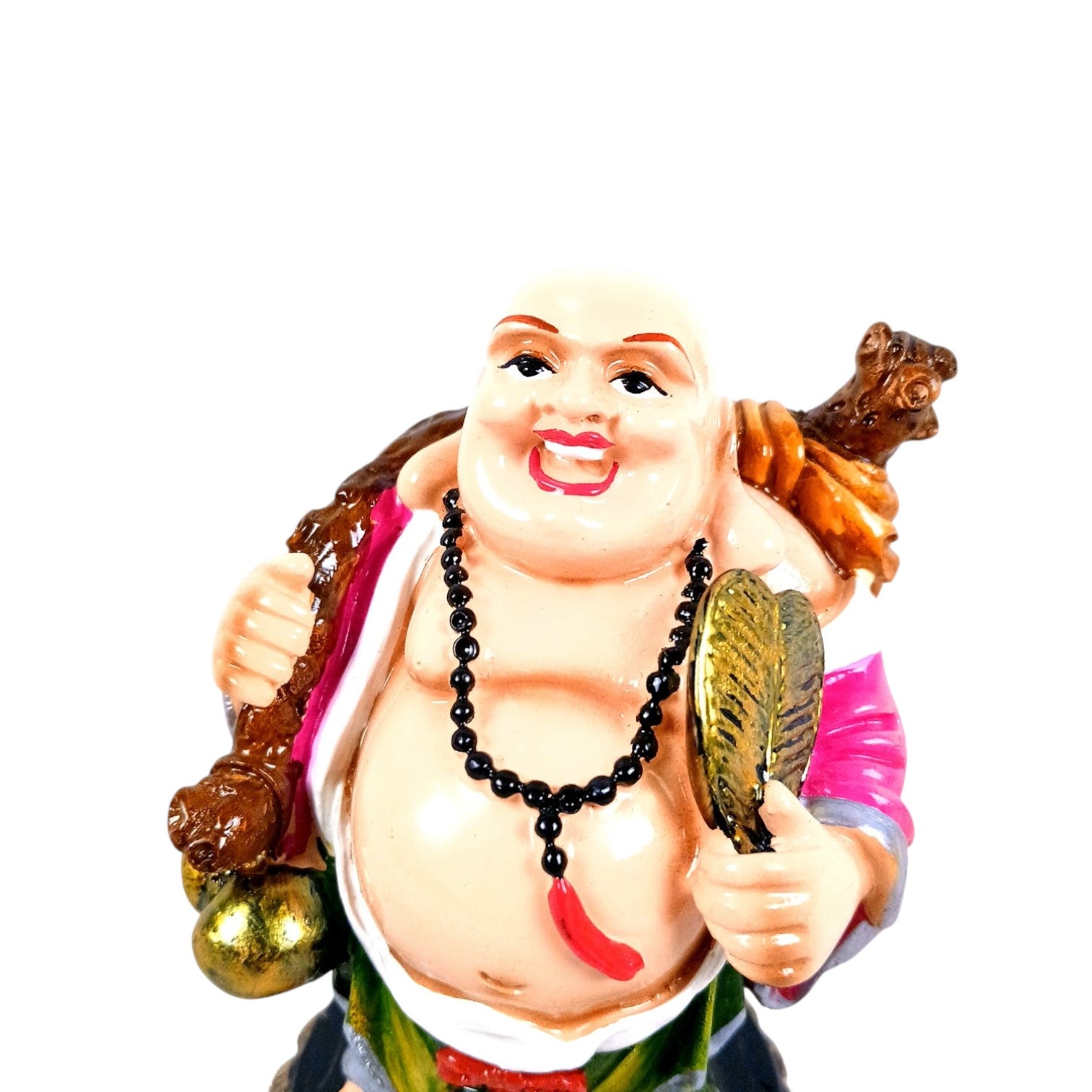 Laughing Buddha Statue with Fan | Buddha Showpiece with Money Bag for Wealth | For Home, Table & Office Decor & Gift - Protect From negative energy & problems - 6 Inch - Apkamart