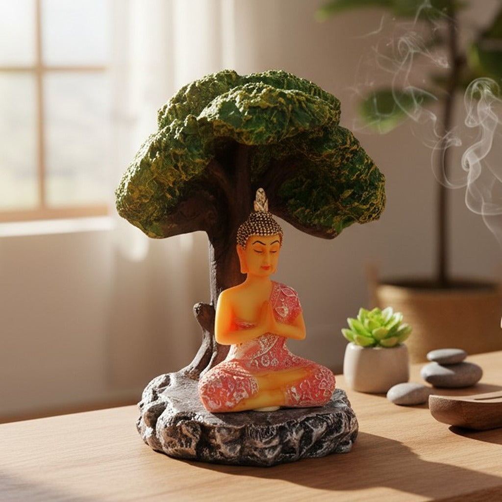 Buddha Statue | Lord Gautam Buddha in Meditation Under Tree Idol Showpiece - For Home, Table, Shelf, Office Decor & Gift - 9 Inch - Apkamart
