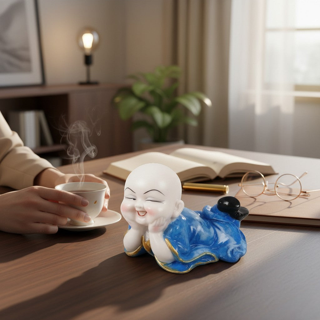 Baby Monk Laughing Buddha Showpiece | Cute Buddha for Home Decor & Office Decor | Decorative Figurine for Living Room, Table & Gifting - 6 Inch - Apkamart