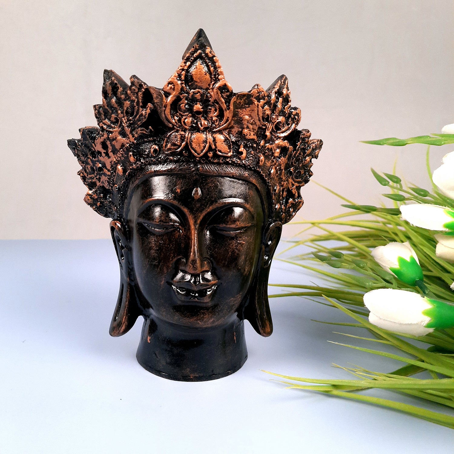 Buddha Head Statue with Rustic Look | Lord Gautam Buddha Showpiece - For Living room, Home, Table, Shelf, Office Decor & Gift - 8 Inch - apkamart #Color_Brown