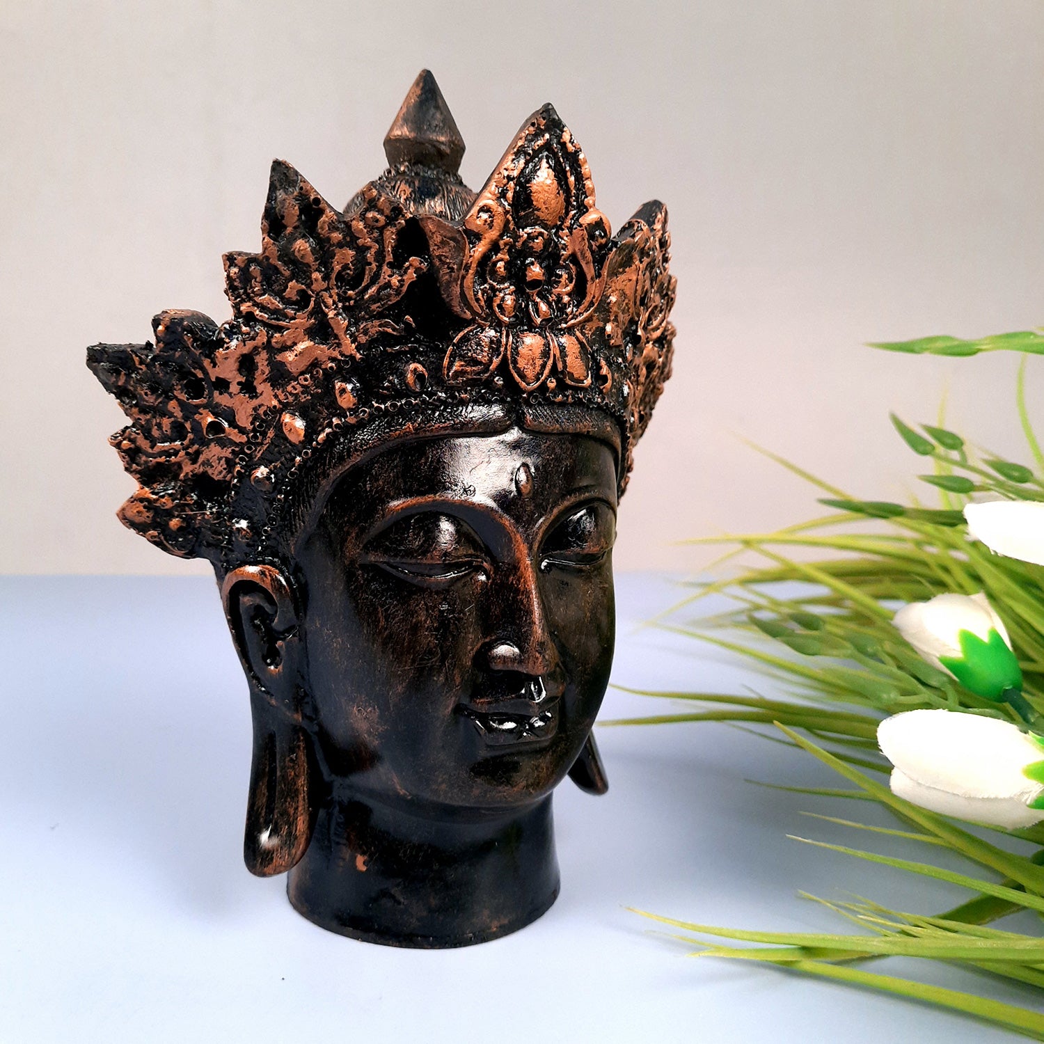 Buddha Head Statue with Rustic Look | Lord Gautam Buddha Showpiece - For Living room, Home, Table, Shelf, Office Decor & Gift - 8 Inch - apkamart #Color_Brown