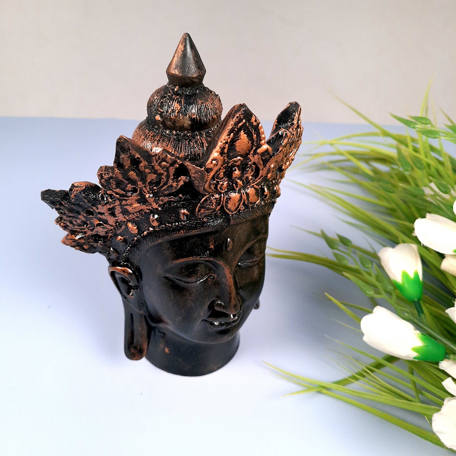 Buddha Head Statue with Rustic Look | Lord Gautam Buddha Showpiece - For Living room, Home, Table, Shelf, Office Decor & Gift - 8 Inch - apkamart #Color_Brown