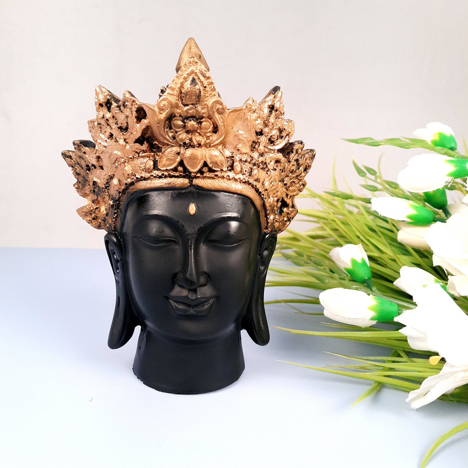 Buddha Head Statue with Rustic Look | Lord Gautam Buddha Showpiece - For Living room, Home, Table, Shelf, Office Decor & Gift - 8 Inch - apkamart #Color_Black
