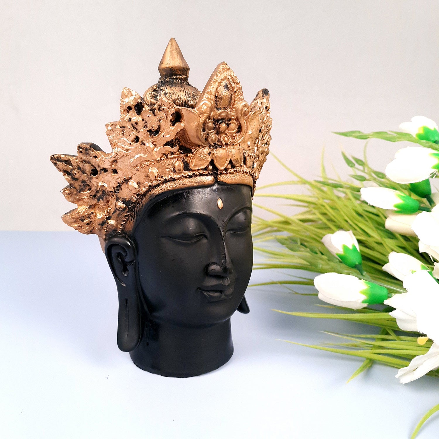 Buddha Head Statue with Rustic Look | Lord Gautam Buddha Showpiece - For Living room, Home, Table, Shelf, Office Decor & Gift - 8 Inch - apkamart #Color_Black