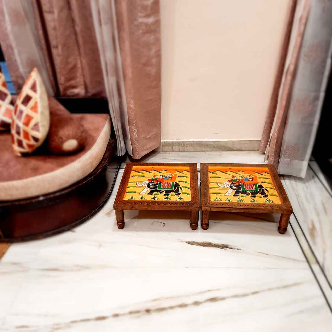 Wood Chowki Bajot - For Lower Seating & Home Decoration - 18 Inch - Apkamart #Style_Pack of 2