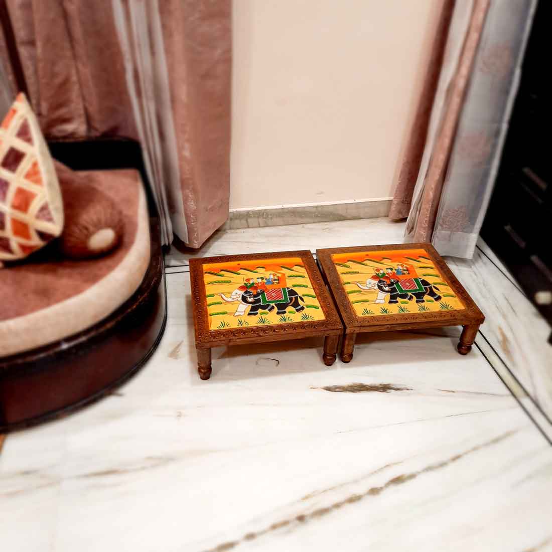 Wood Chowki Bajot - For Lower Seating & Home Decoration - 18 Inch - Apkamart #Style_Pack of 2