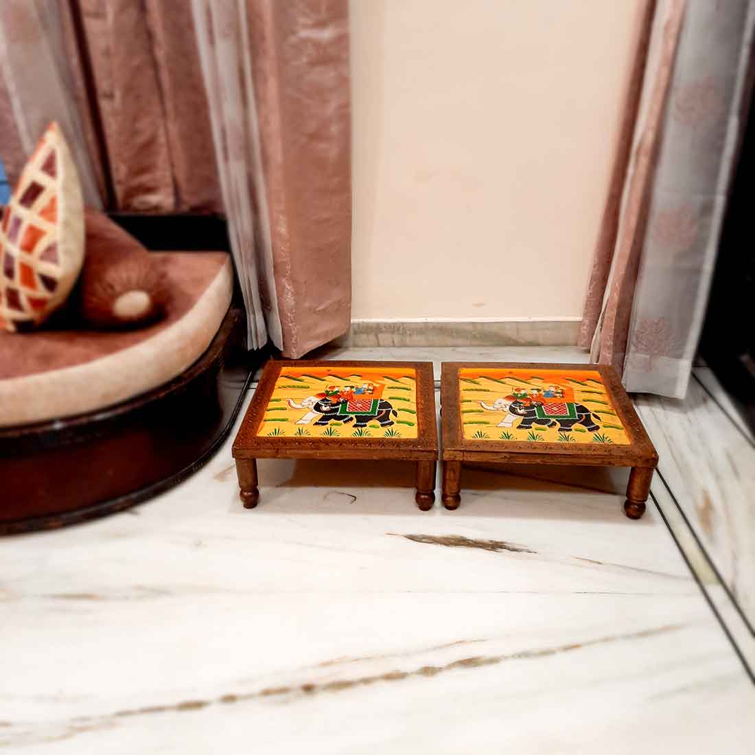 Wood Chowki Bajot - For Lower Seating & Home Decoration - 18 Inch - Apkamart #Style_Pack of 2