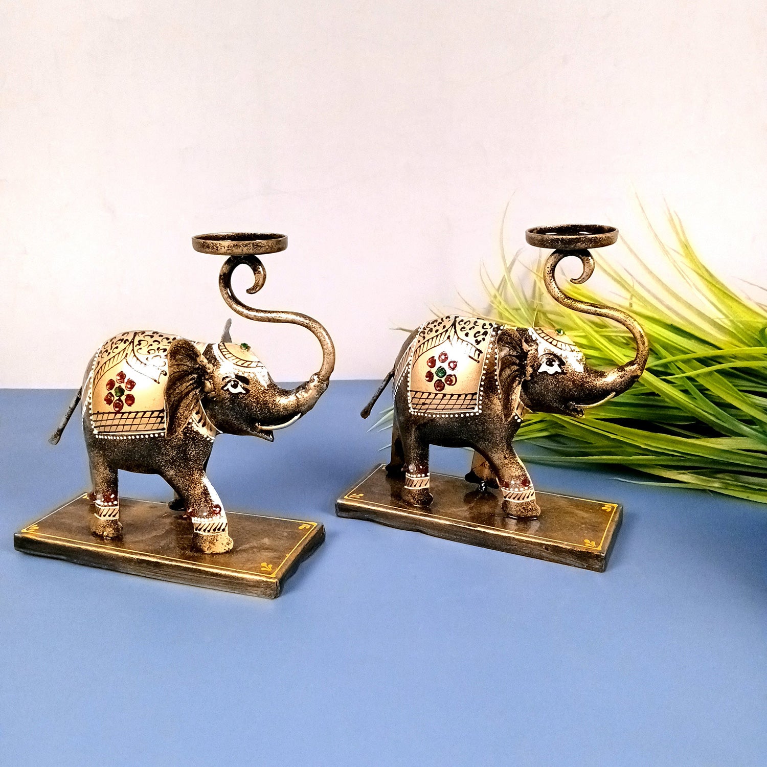 Elephant Tea Light Stand Showpiece | Decorative Candle Tealight Holder - For Home, Table, Living Room Decor | For Festival Decoration & Gifts - 13 Inch (Pack Of 2) - Apkamart