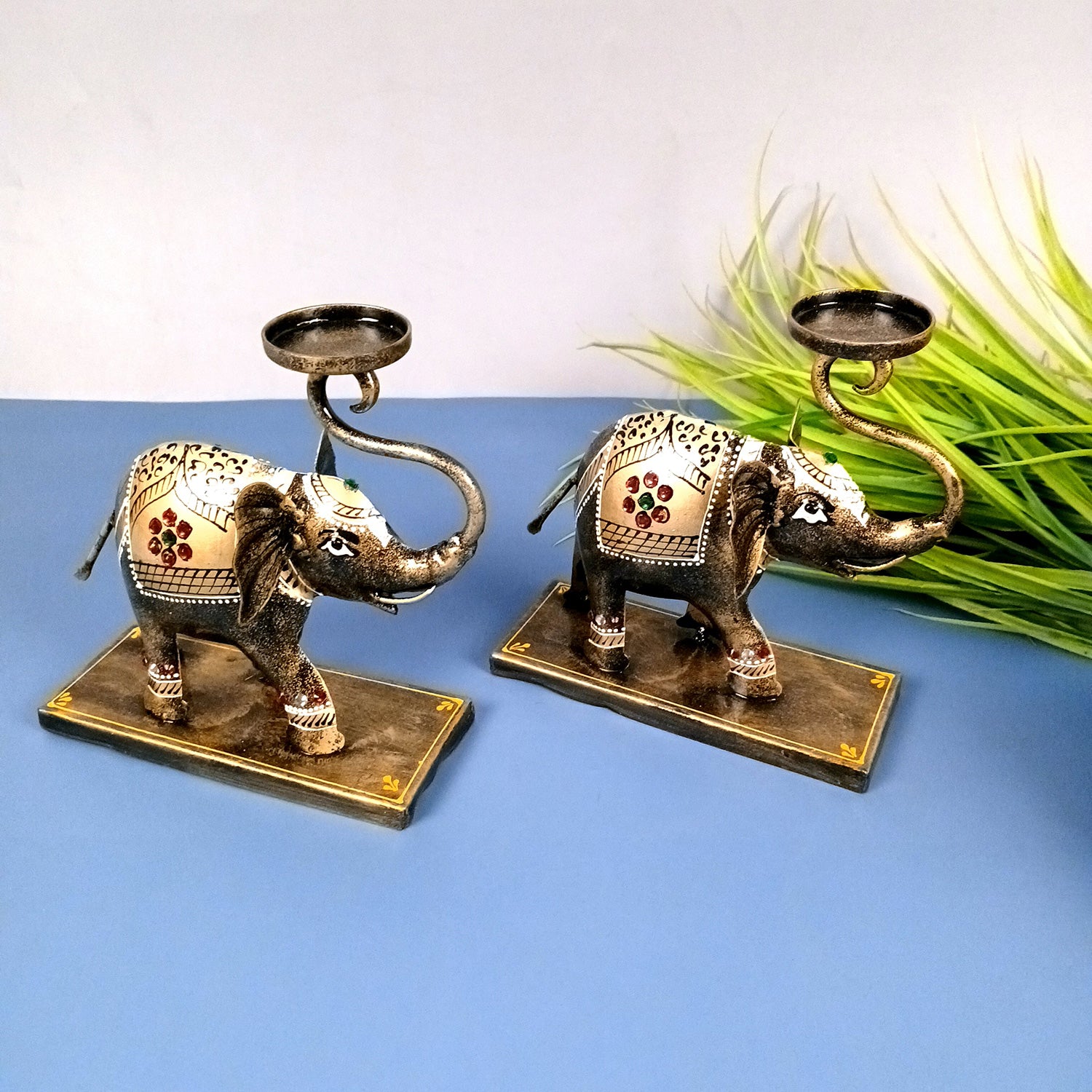 Elephant Tea Light Stand Showpiece | Decorative Candle Tealight Holder - For Home, Table, Living Room Decor | For Festival Decoration & Gifts - 13 Inch (Pack Of 2) - Apkamart