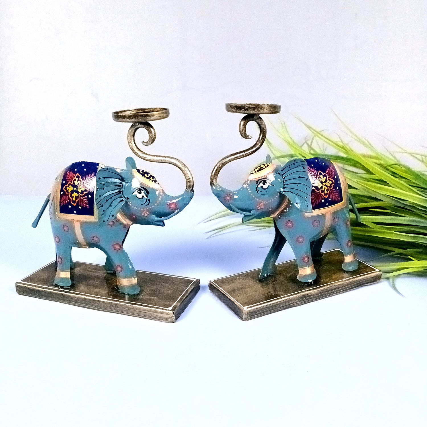 Elephant Tea Light Stand Showpiece | Decorative Candle Tealight Holder - For Home, Table, Living Room Decor | For Festival Decoration & Gifts - 13 Inch (Pack Of 2) - Apkamart