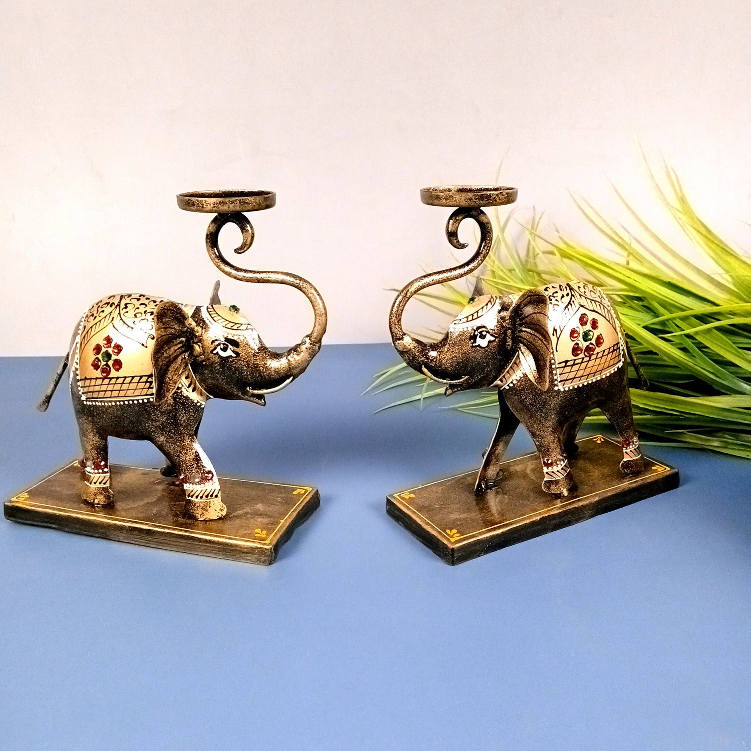 Elephant Tea Light Stand Showpiece | Decorative Candle Tealight Holder - For Home, Table, Living Room Decor | For Festival Decoration & Gifts - 13 Inch (Pack Of 2) - Apkamart