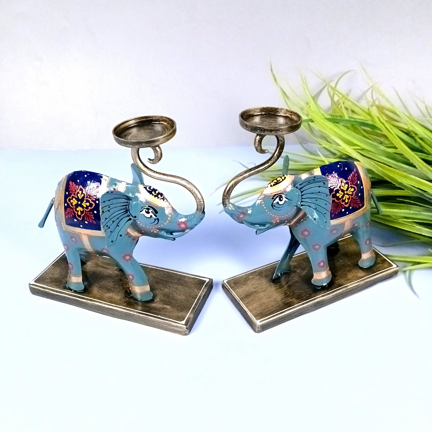 Elephant Tea Light Stand Showpiece | Decorative Candle Tealight Holder - For Home, Table, Living Room Decor | For Festival Decoration & Gifts - 13 Inch (Pack Of 2) - Apkamart