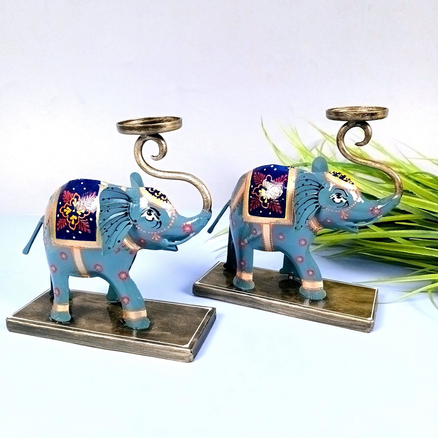 Elephant Tea Light Stand Showpiece | Decorative Candle Tealight Holder - For Home, Table, Living Room Decor | For Festival Decoration & Gifts - 13 Inch (Pack Of 2) - Apkamart