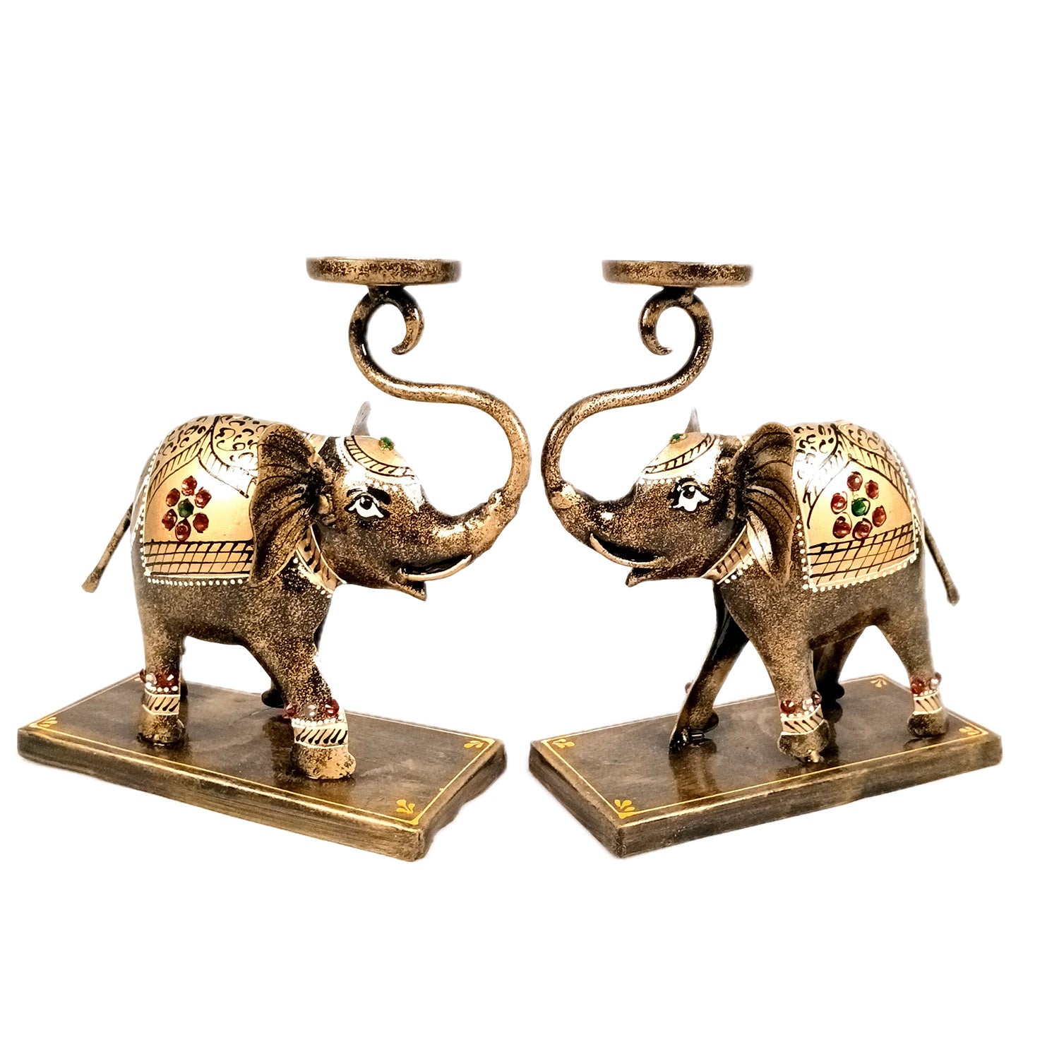 Elephant Tea Light Stand Showpiece | Decorative Candle Tealight Holder - For Home, Table, Living Room Decor | For Festival Decoration & Gifts - 13 Inch (Pack Of 2) - Apkamart