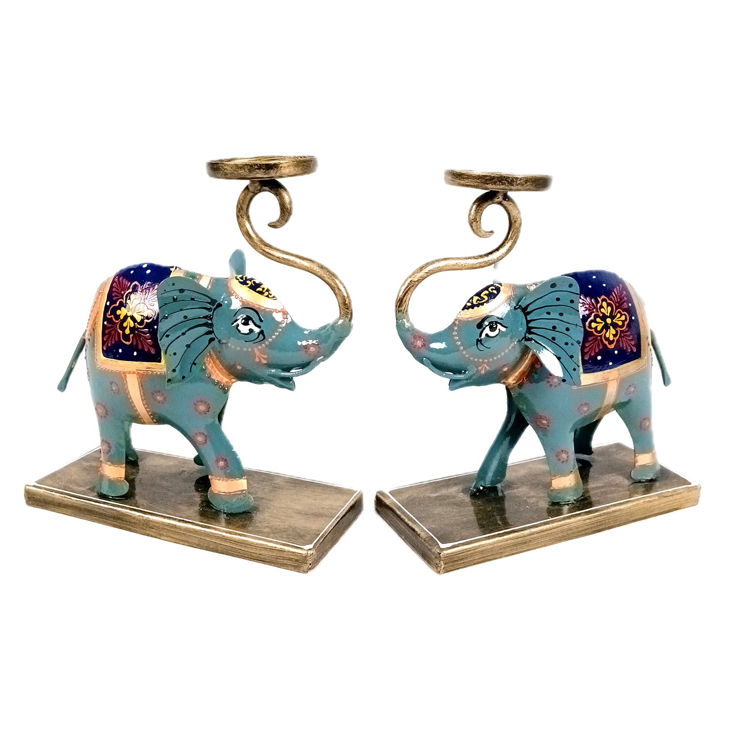 Elephant Tea Light Stand Showpiece | Decorative Candle Tealight Holder - For Home, Table, Living Room Decor | For Festival Decoration & Gifts - 13 Inch (Pack Of 2) - Apkamart
