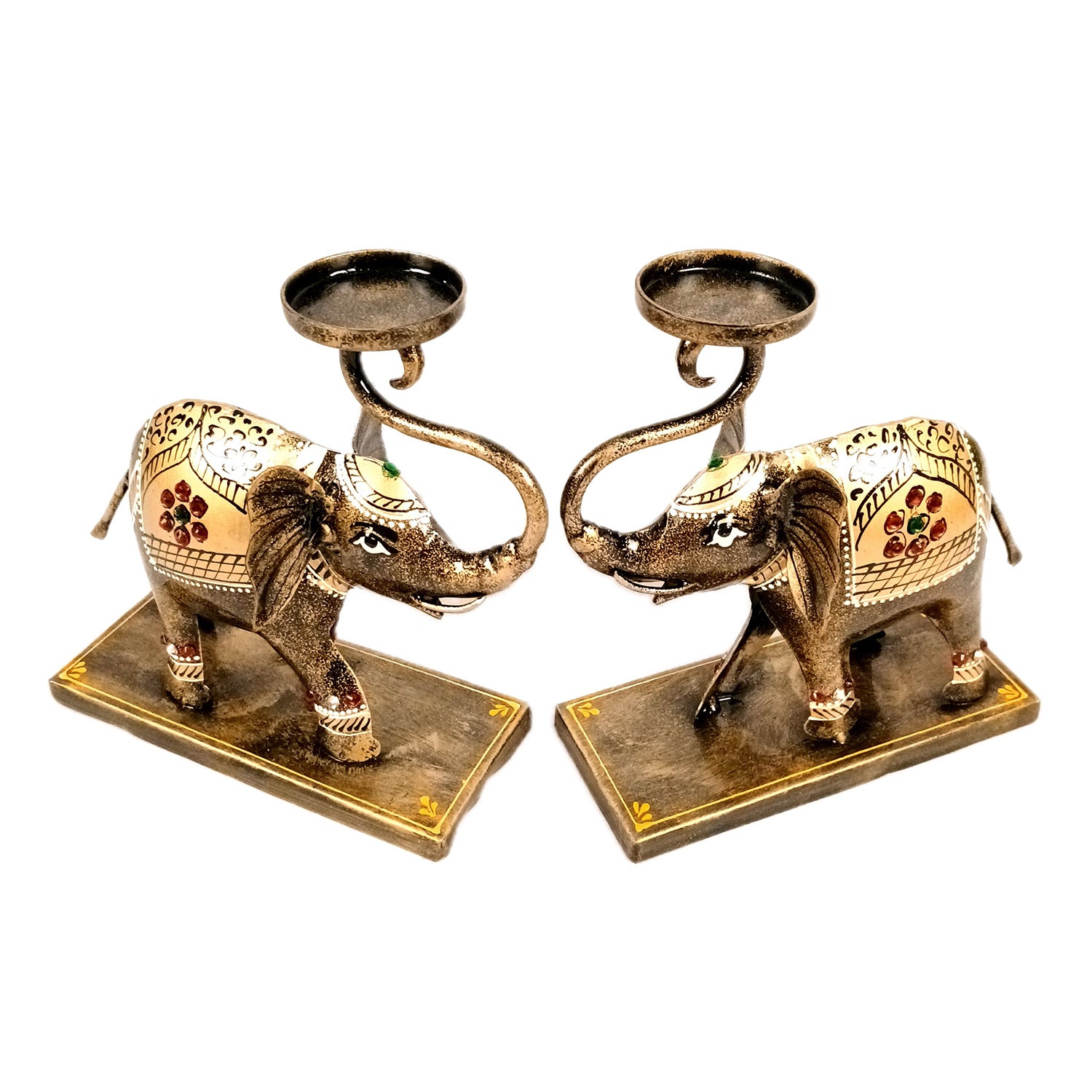 Elephant Tea Light Stand Showpiece | Decorative Candle Tealight Holder - For Home, Table, Living Room Decor | For Festival Decoration & Gifts - 13 Inch (Pack Of 2) - Apkamart