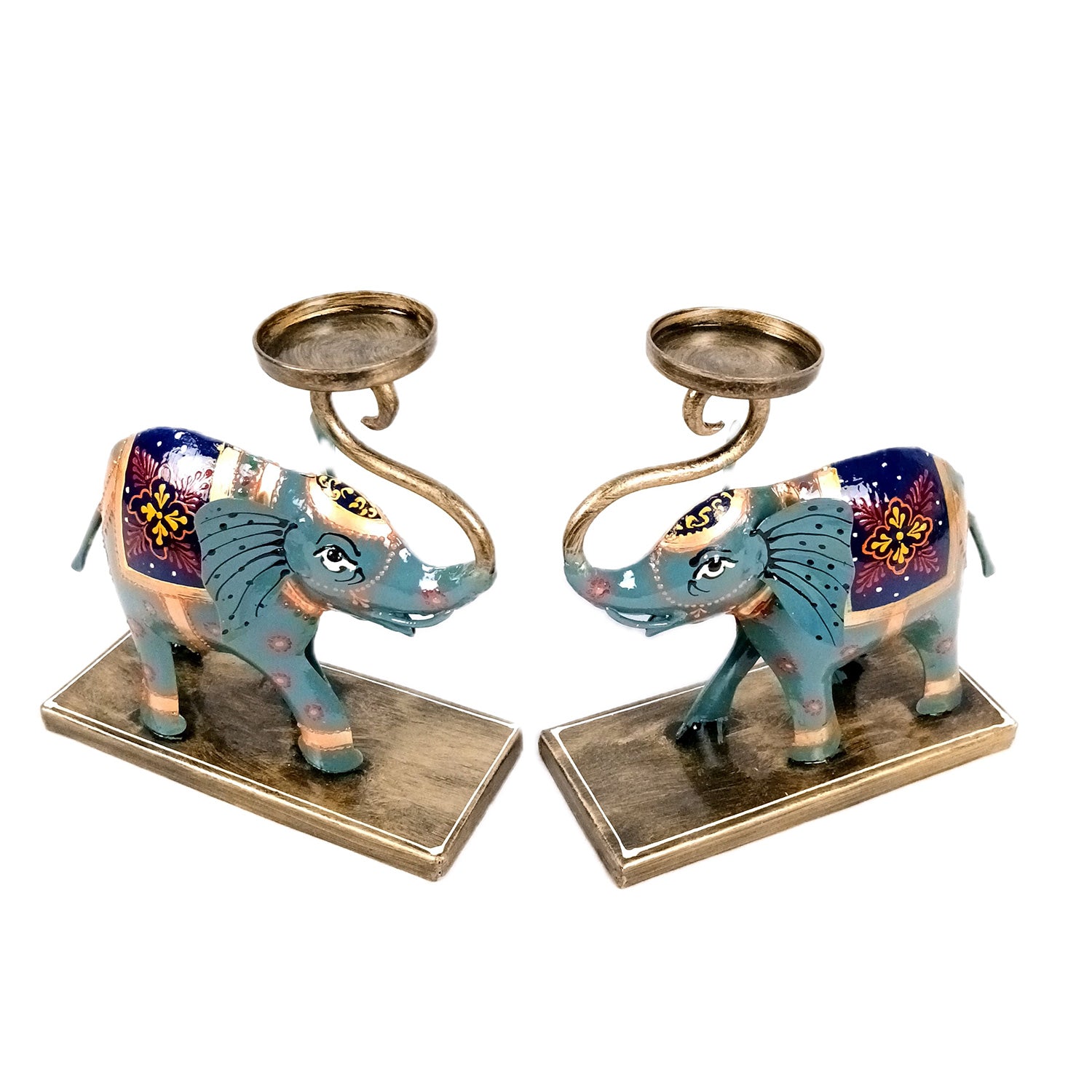 Elephant Tea Light Stand Showpiece | Decorative Candle Tealight Holder - For Home, Table, Living Room Decor | For Festival Decoration & Gifts - 13 Inch (Pack Of 2) - Apkamart