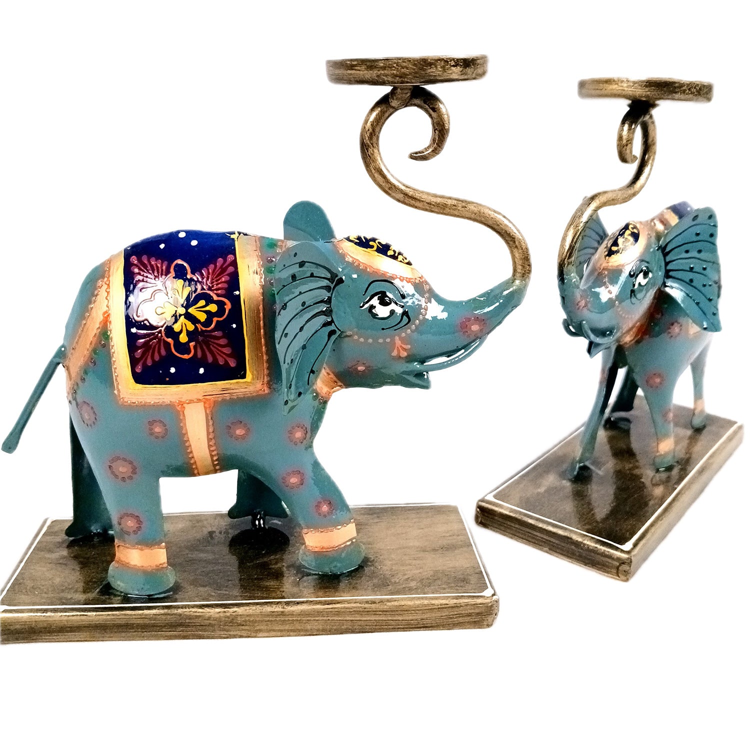 Elephant Tea Light Stand Showpiece | Decorative Candle Tealight Holder - For Home, Table, Living Room Decor | For Festival Decoration & Gifts - 13 Inch (Pack Of 2) - Apkamart