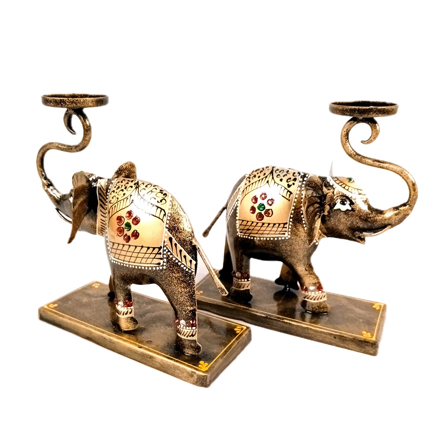 Elephant Tea Light Stand Showpiece | Decorative Candle Tealight Holder - For Home, Table, Living Room Decor | For Festival Decoration & Gifts - 13 Inch (Pack Of 2) - Apkamart