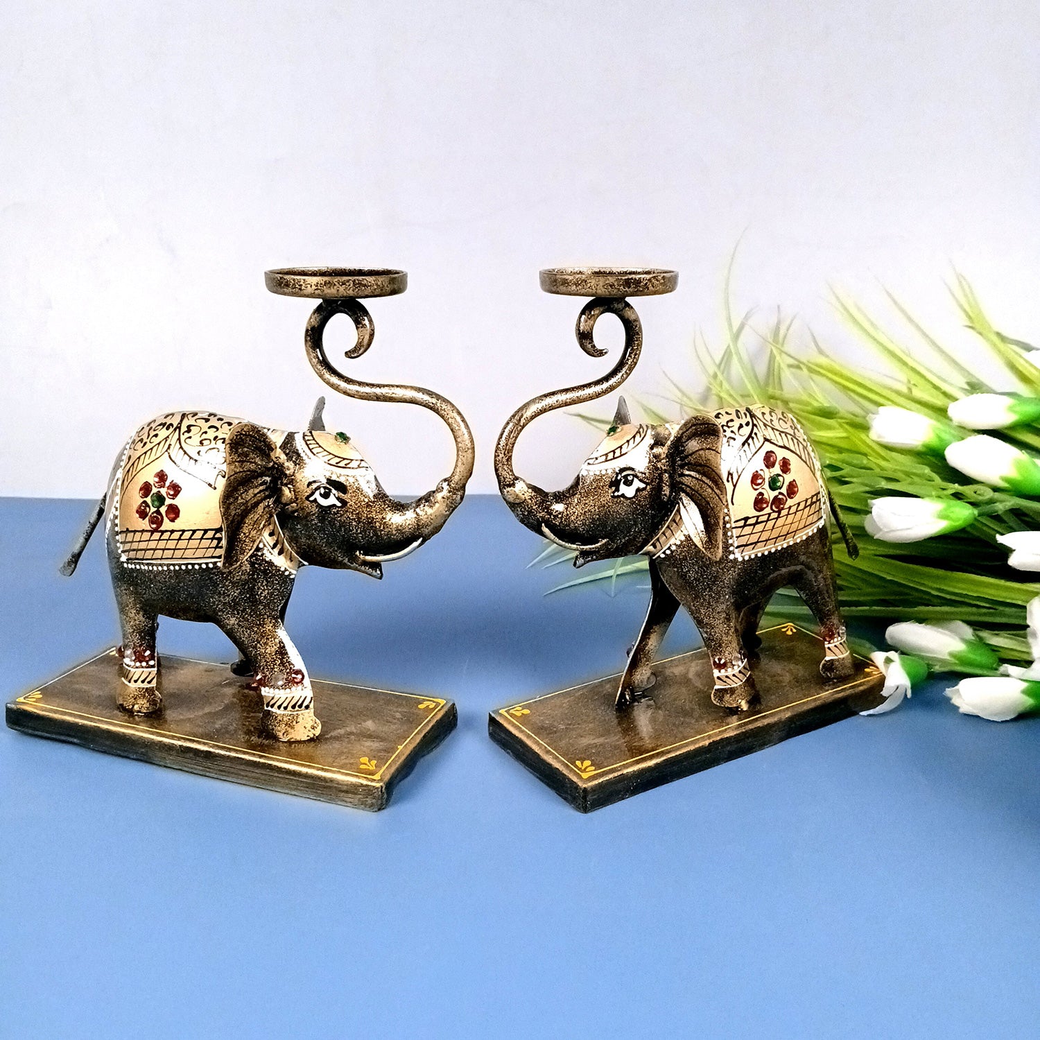 Elephant Tea Light Stand Showpiece | Decorative Candle Tealight Holder - For Home, Table, Living Room Decor | For Festival Decoration & Gifts - 13 Inch (Pack Of 2) - Apkamart
