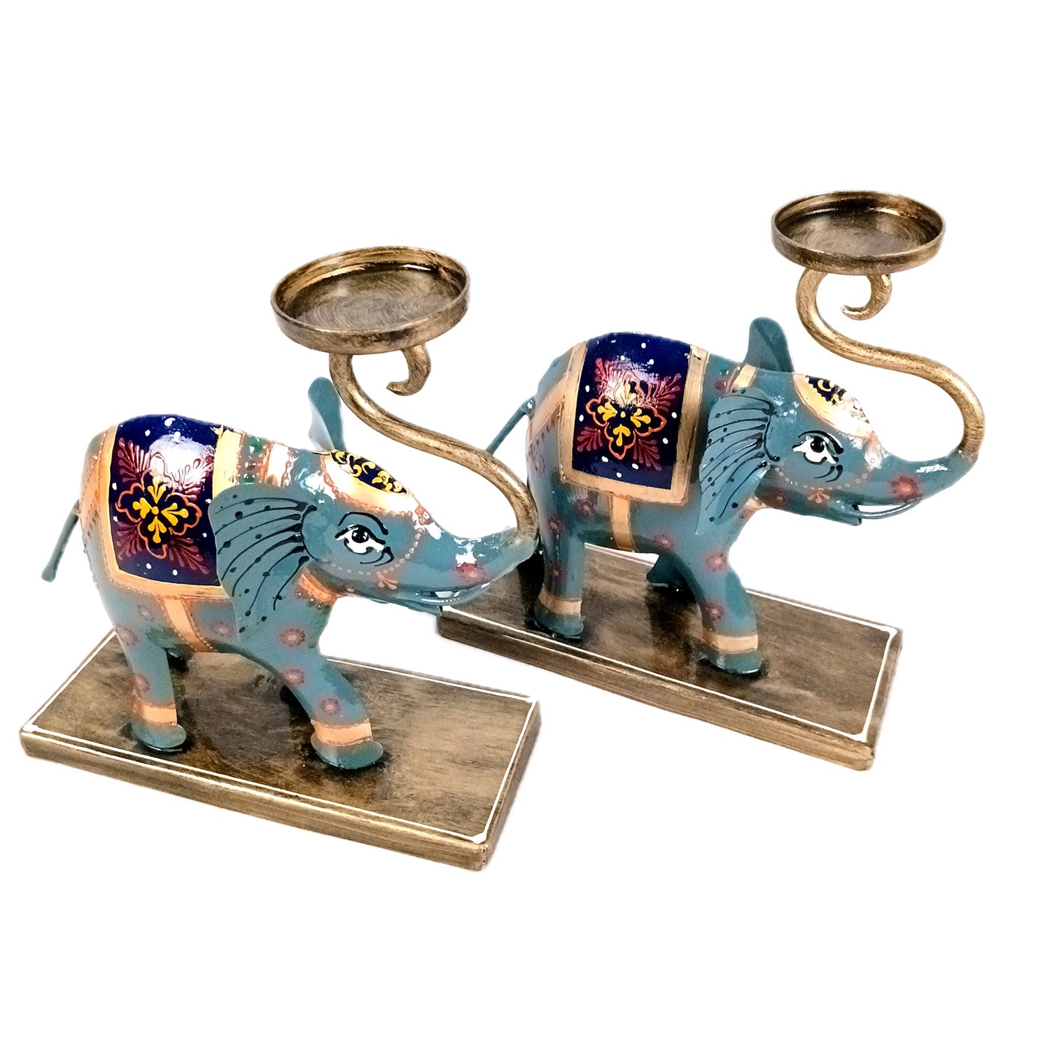 Elephant Tea Light Stand Showpiece | Decorative Candle Tealight Holder - For Home, Table, Living Room Decor | For Festival Decoration & Gifts - 13 Inch (Pack Of 2) - Apkamart