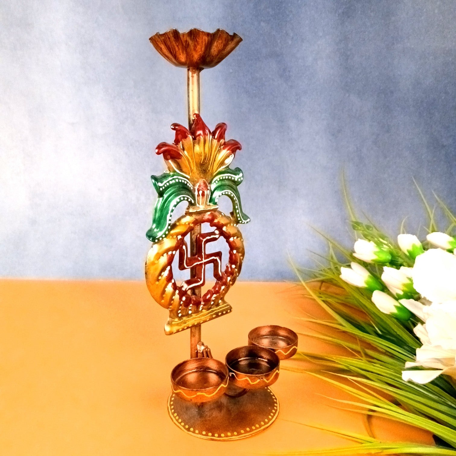 Candle Holder Swastik Design | Decorative Tealight Holder for Home Decor | Festival Candle Stand for Puja Room, Living Room & Gifting - 12 Inch - Apkamart