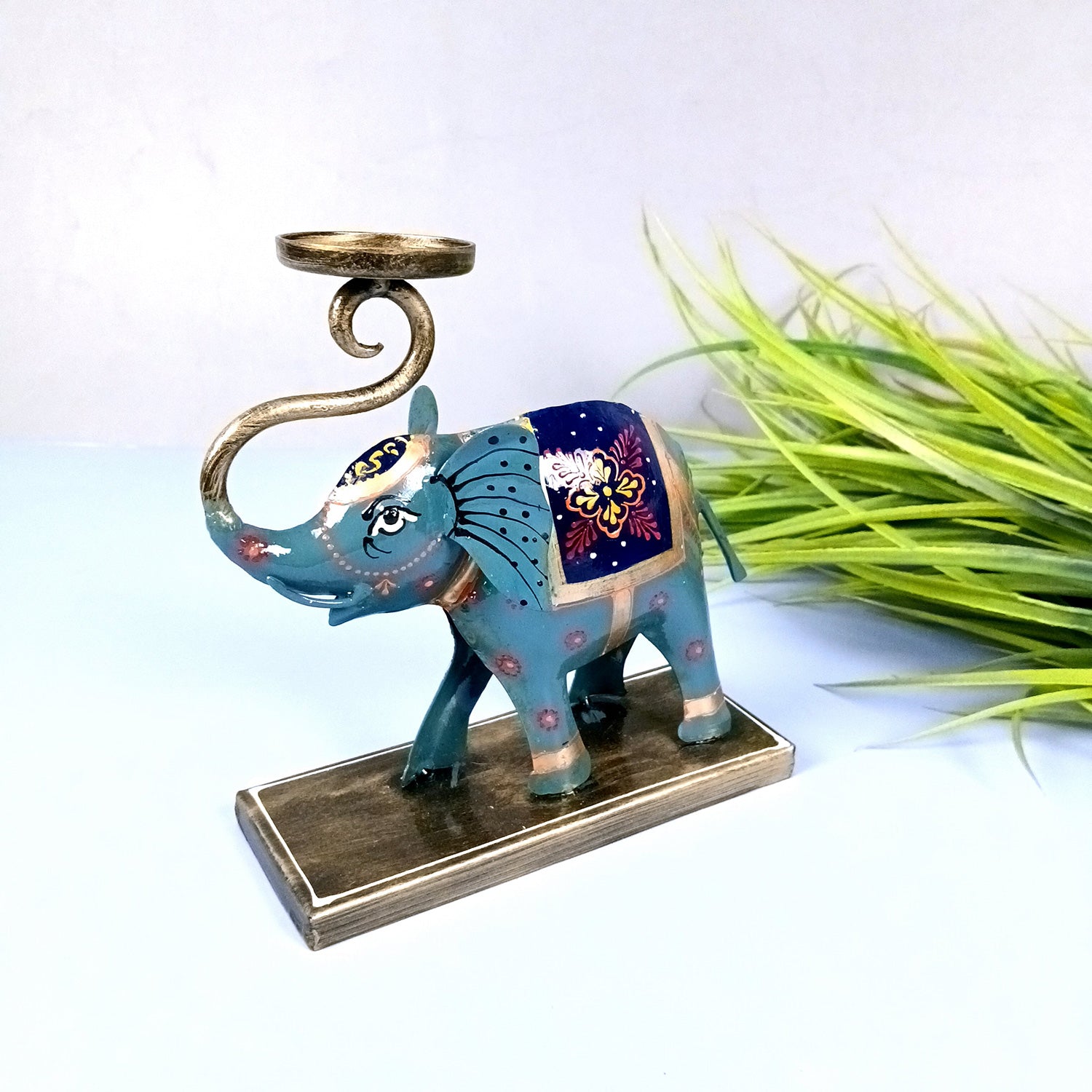 Elephant Tea Light Stand Showpiece | Decorative Candle Tealight Holder - For Home, Table, Living Room Decor | For Festival Decoration & Gifts - 13 Inch (Iron, Blue) - Apkamart