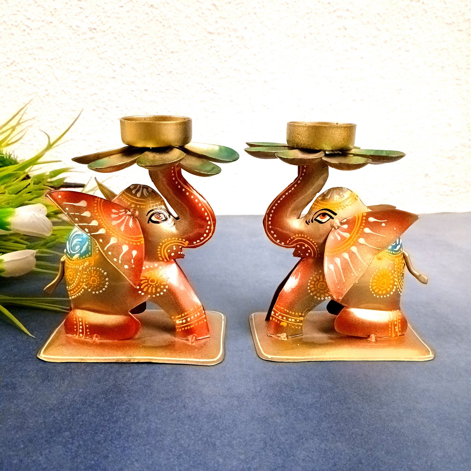 Elephant Tea Light Stand Showpiece | Decorative Candle Tealight Holder - for Home, Table, Living Room Decor | for Festival Decoration & Gifts - 6 Inch (Pack of 2) - Apkamart