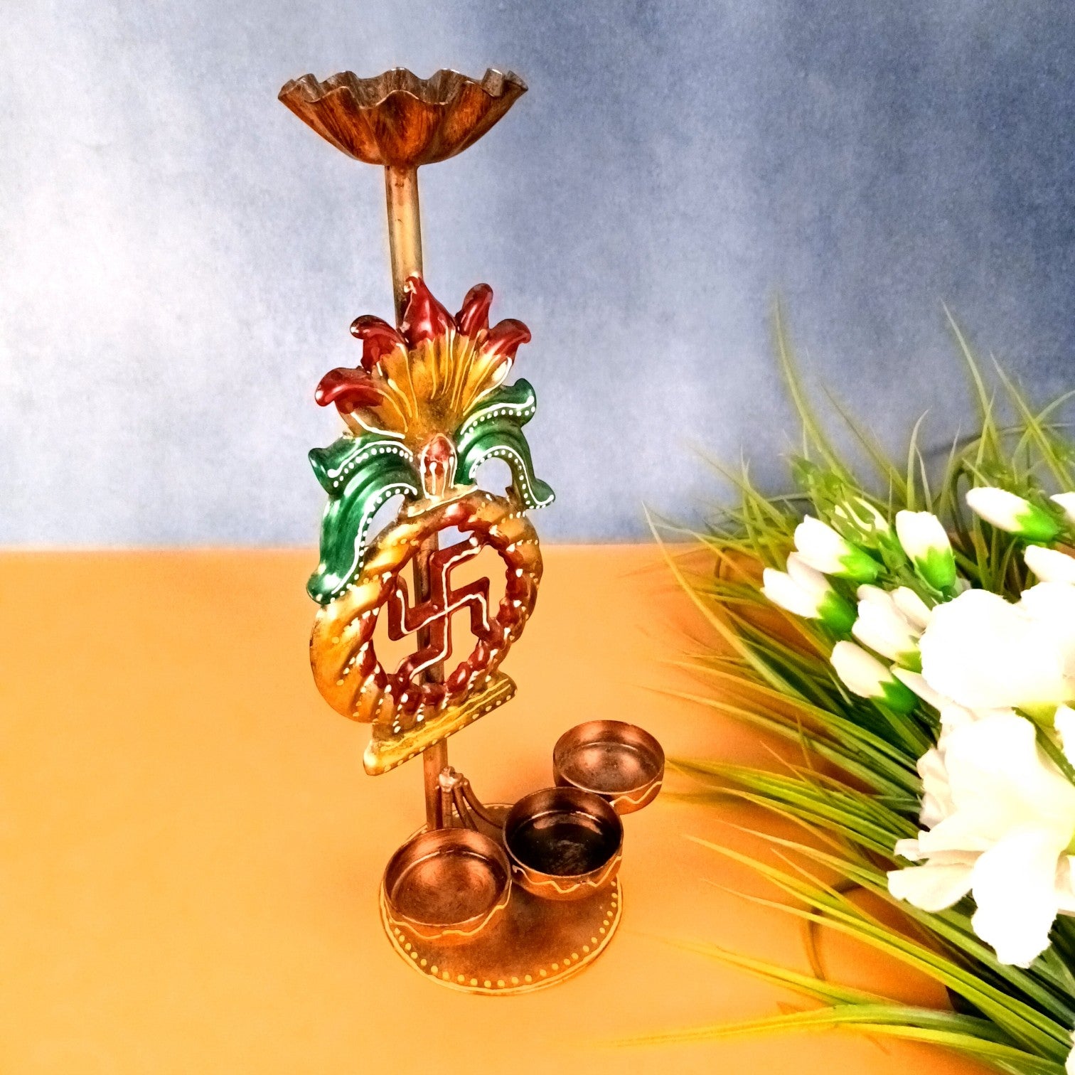 Candle Holder Swastik Design | Decorative Tealight Holder for Home Decor | Festival Candle Stand for Puja Room, Living Room & Gifting - 12 Inch - Apkamart