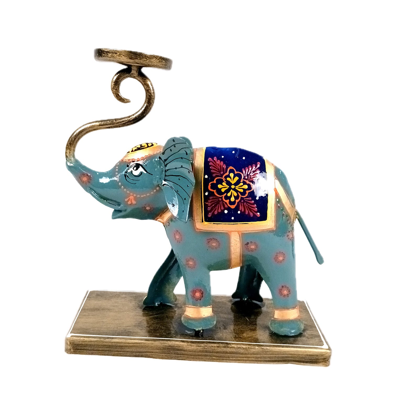Elephant Tea Light Stand Showpiece | Decorative Candle Tealight Holder - For Home, Table, Living Room Decor | For Festival Decoration & Gifts - 13 Inch (Iron, Blue) - Apkamart
