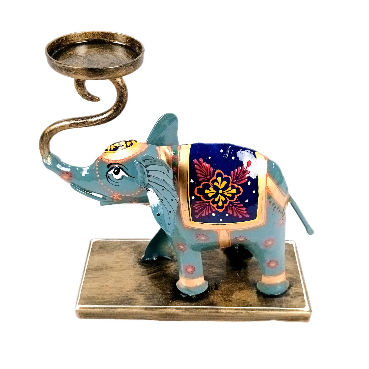 Elephant Tea Light Stand Showpiece | Decorative Candle Tealight Holder - For Home, Table, Living Room Decor | For Festival Decoration & Gifts - 13 Inch (Iron, Blue) - Apkamart