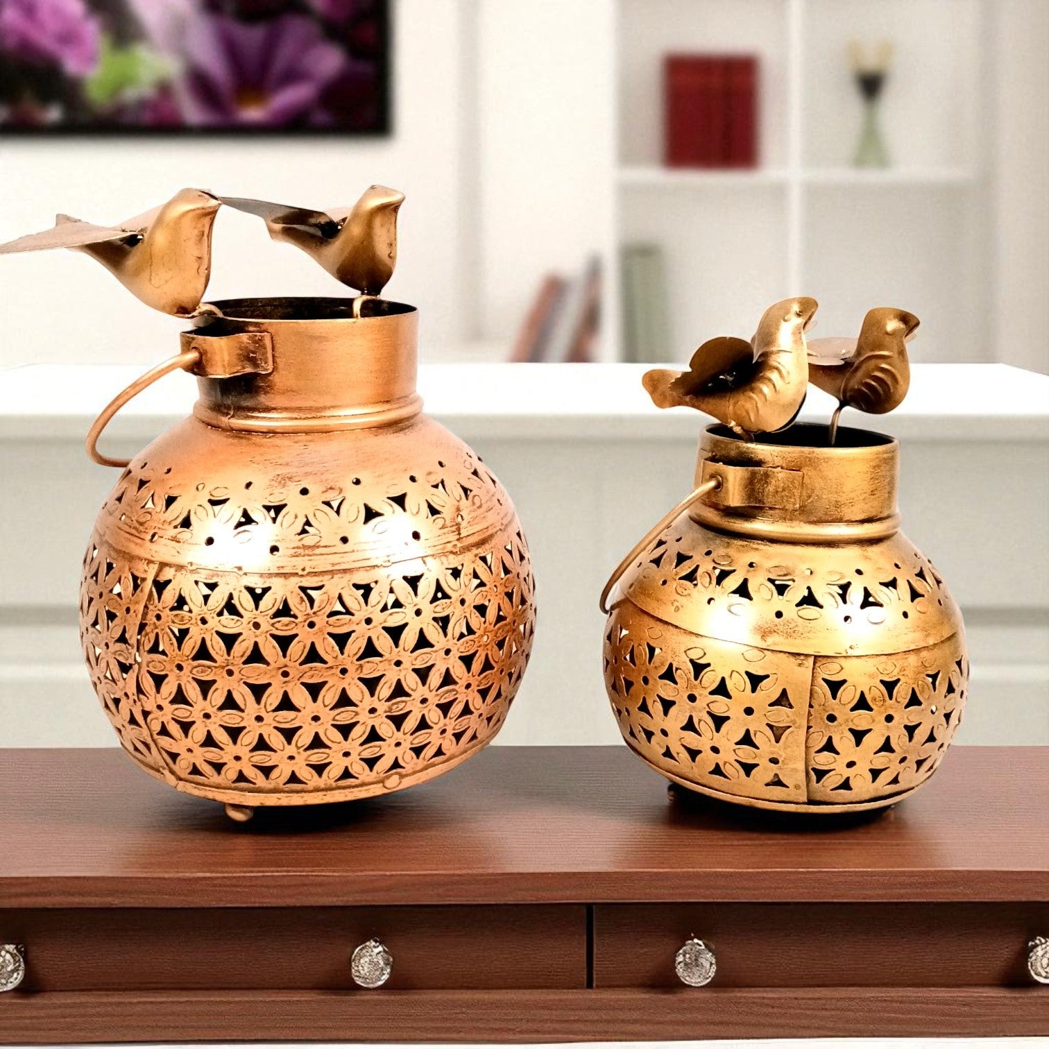 Decorative Hanging Tea Light Lantern with Cutwork Design | Shadow Effect Candle Stand for Home, Living Room & Festive Decoration- Candle Holder Combo – 9 Inch (Set Of 2) - Apkamart