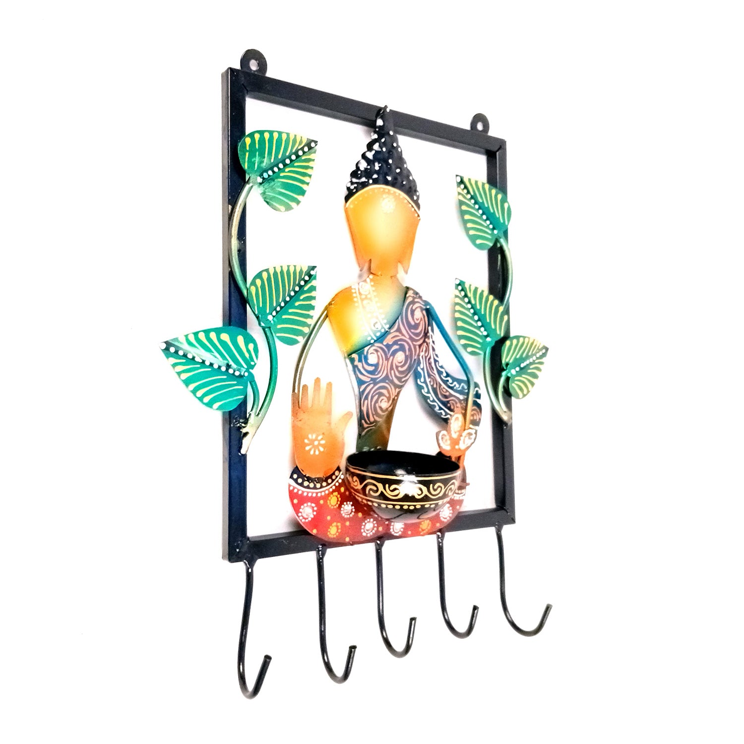 Buddha Key Holder With Candle tea Light Stand | Decorative Wall Hanging | Keys Organizer - for Home, Entrance, Office Decor & Gifts - 13 Inch - Apkamart #Colour_Multicolor