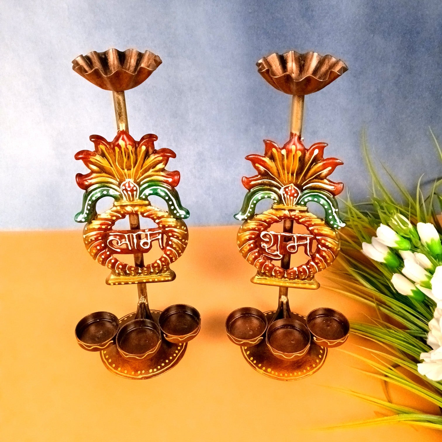 Candle Holder Shubh & Labh Combo | Decorative Tealight Holders for Home Decor | Festival Candle Stand for Living Room, Puja Room & Gifting - 12 Inch (Set of 2) - Apkamart