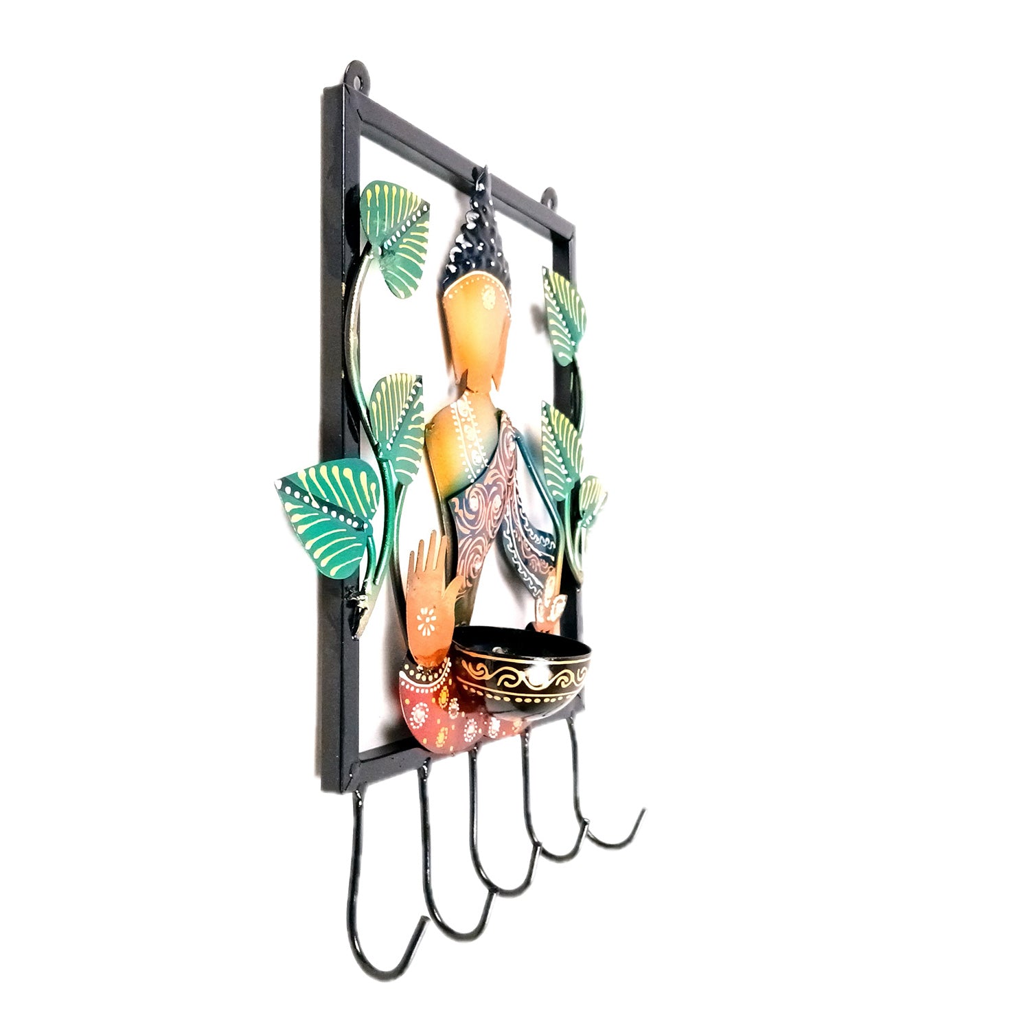 Buddha Key Holder With Candle tea Light Stand | Decorative Wall Hanging | Keys Organizer - for Home, Entrance, Office Decor & Gifts - 13 Inch - Apkamart #Colour_Multicolor